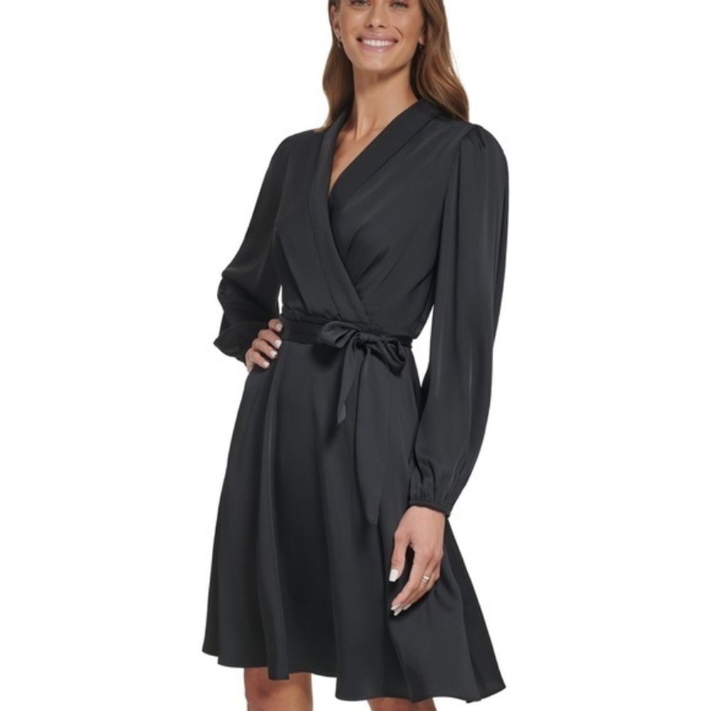 DKNY Black Long Sleeve Crepe Satin Faux-Wrap Dress-NWT